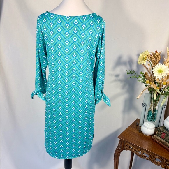 Escapada Living Aqua Geometric Print Bow-Sleeve Dress Sz XS 💛 - Picture 5 of 9